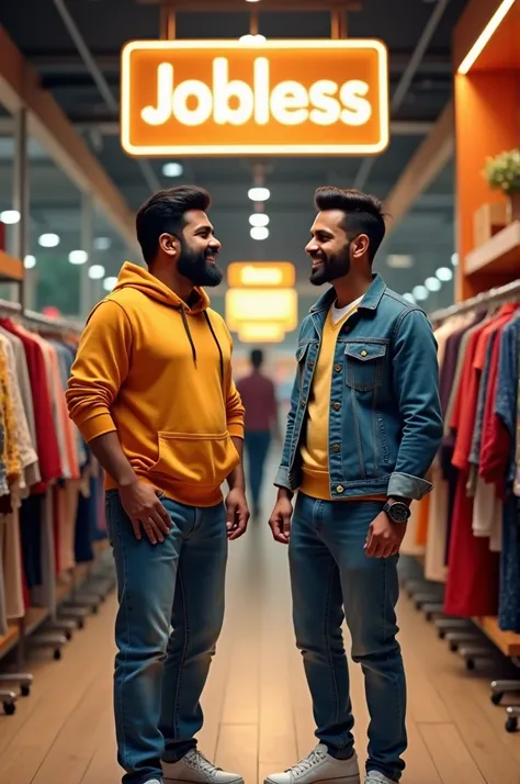 "Ronadlo and messi from Kannada cinema, friendly and casually shopping together at a high-end fashion mart for menswear. They are laughing and browsing through trendy clothing racks. The store is stylish, modern, with sleek interiors and a sign that reads ...