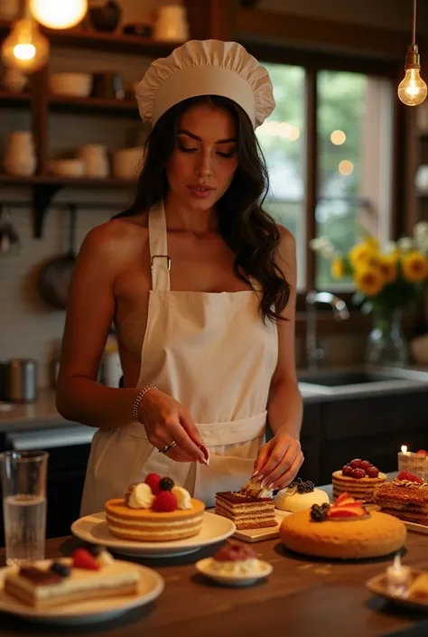 ((masterpiece)) ((photography)) ((highest quality)) young woman wearing only a chef's apron and hat, standing elegantly in a coz...