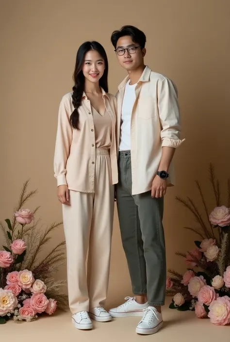 couple full body beautiful korean woman wear casual  , Braid waterfall hair , long pant  cute , with handsome man Korean , wearing a watch, wearing sneakers   ,  pose modeling hug exhibition Bouquet of roses and rose decoration, looking at Camera, cozy rel...