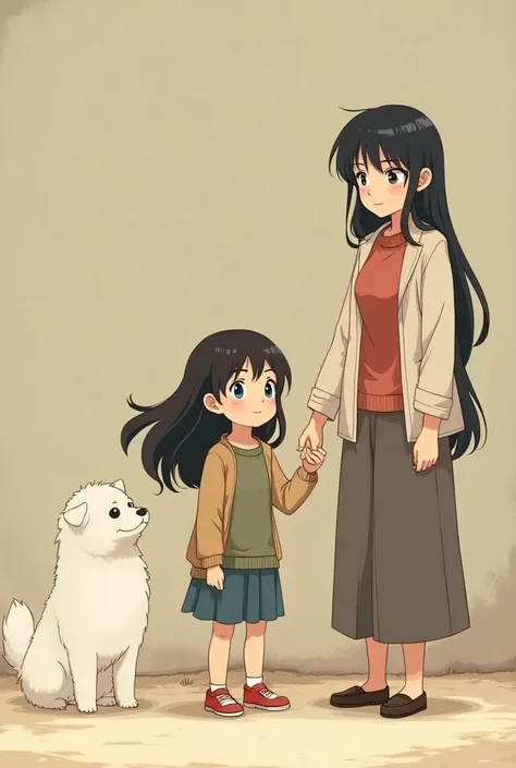 A ten year old anime poor girl lily with blue eyes black hairs hold her mother hand and her dog max sit beside her dog should be big cute white colour family should wear poor clothes