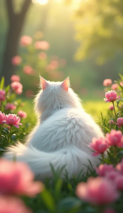 A fluffy, long-haired white cat lies gracefully backwards, facing away from the camera, in a vibrant garden filled with blooming pink flowers and lush green grass, under soft, dreamy lighting. The focus is on the cat, while the flowers in the foreground ar...