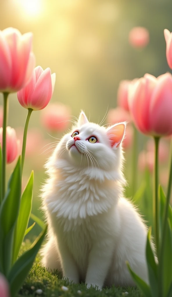 A long-haired white cat with inquisitive eyes sits among tall pink tulips in a sunny garden. The cat looks up with a serene expression. The tulips sway gently in the breeze and the scene is softly lit with warm, golden sunlight. The background is blurred, ...