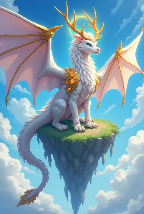 ((anime image)), ((anime)), ((Dragon)), ((anime Dragon)), ((bright blue eyes)), golden scales)), ((white feathers)), ((wings white feathers)), ((long tail)), ((golden crystals on his shoulders)), ((giant wings)), ((deer antlers)), ((mane)), ((mane of white...