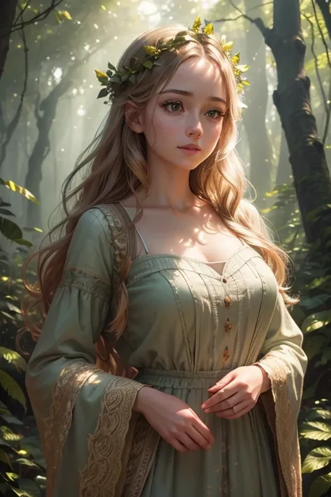 a beautiful sun-dappled forest with soft, warm lighting, 1girl walking through the forest, intricate detailed forest foliage, sunbeams filtering through the trees, beautiful detailed eyes, beautiful detailed lips, extremely detailed eyes and face, long eye...