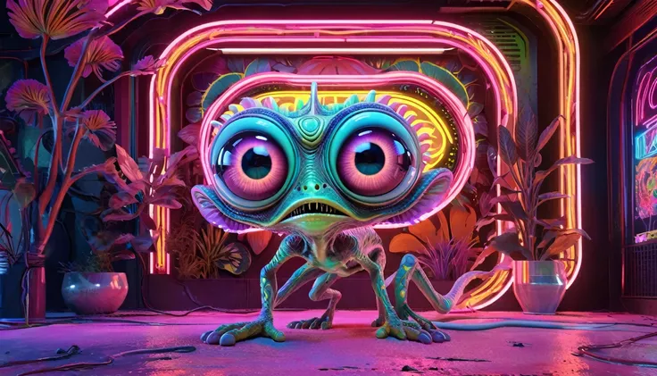 full body view from front view of 1 alien,solo,big eyes,intricate details,skin that changes colors like a chameleon,fluid-like motion,expressive eyes,surreal background,with otherworldly flora,insane details,aesthetic,octane render,eye catching colors maki...