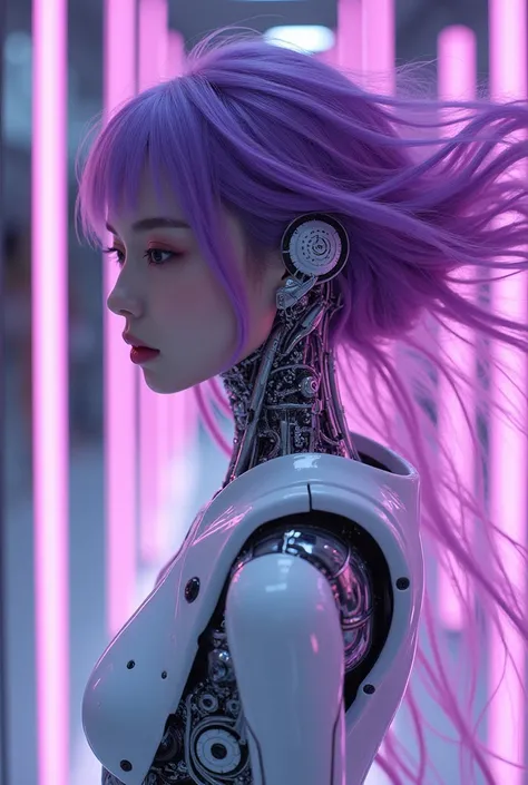 Photograph of a mid-20s korean female robot, no bra, made of glass and white and purple translucent plastic., Geisha makeup and purple hairstyle, The internal mechanism of the machine is made of silver metal., dynamic gesture, Flowing organic construction,...