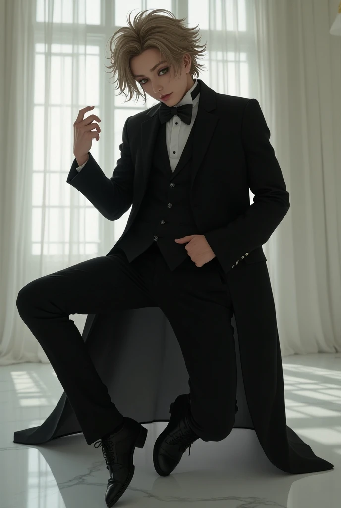 /Hizumi male visual kei singer 1.68 tall, with light brown hair with an arrogant, conceited, bitter, serious character, wearing an elegant and expensive luxury brand black suit, kneeling jumping and moving as if dancing sexily and while looking directly at...