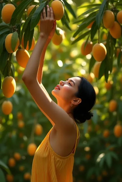 portrait of a woman picking mangoes directly from the tree.  highly detailed, cinematic, 8k, ultra-detailed, photorealistic,