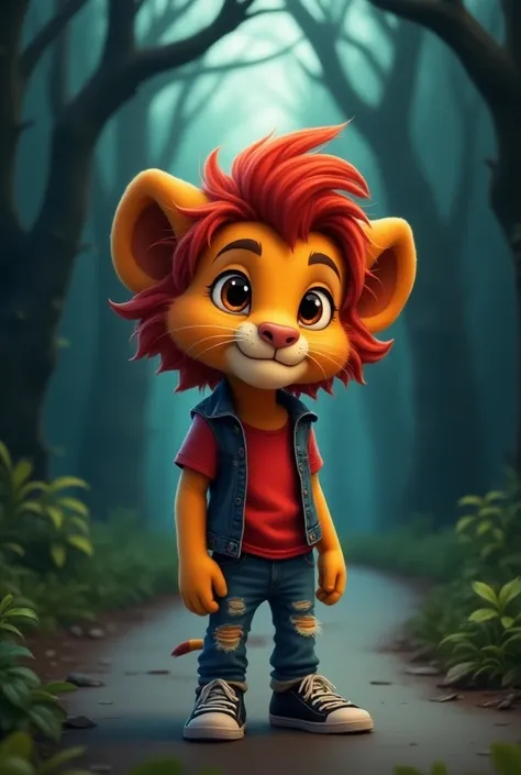 A cartoon lion cub with large, expressive eyes and a vibrant red mane stands on a dimly lit road surrounded by trees. It wears a red t-shirt, ripped jeans, and black sneakers.