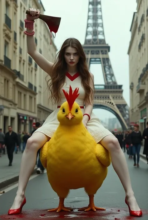 White-skinned woman with very long brown hair and with an A-skirt and a red neckline holding a bloody axe riding a yellow chick on the street next to the Eiffel Tower