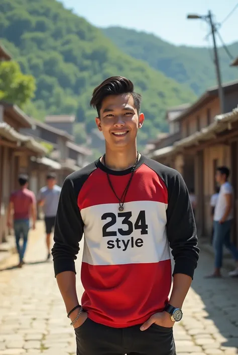 a handsome 26 year old Asian man, neat hair, wearing a long-sleeved t-shirt with shades of red combined with white and black with the words "234 style", wearing a watch, wearing a black necklace and bracelet, standing and posing for photos in a village, th...