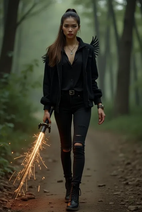  Beautiful Asian European woman 25 years old with long hair straight brown,hair tied back, black shirt collared winged black fleece , black jeans ripped half length tight knee part ,black buckle ,Watch,wearing a necklace,black boots,  walking while holding...