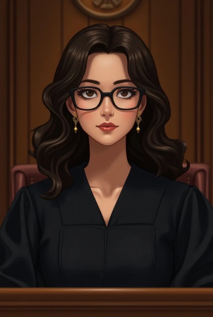 A 26 years old female Judge of the court who wears glasses and has wavy hair and who wears very simple earrings
