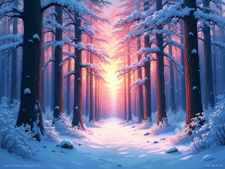 anime-style painting of a forest with cheerful snow lots of trees that dont let the sunset light through