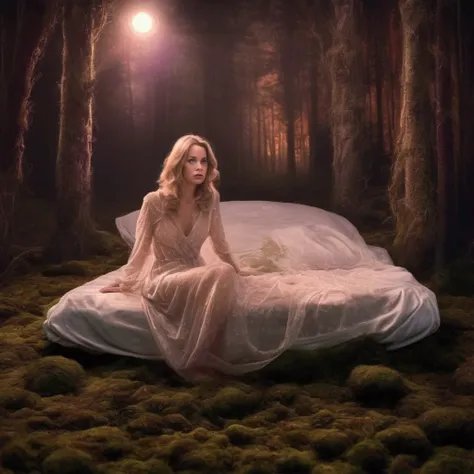 A cute woman (sheer night gown, scared) lying on a bed of moss in a scary dark forest lit onl by a ufo which has the woman in a spotlight
