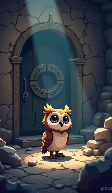 Heres a detailed prompt based on the "गुप्त दरवाज़ा" (Secret Door) story:

---

**Prompt**:  
Create a 3D pixel cartoon style image of a young, brave owl named **आईवी**. She has large, expressive eyes and fluffy feathers. She is exploring an old, dusty att...