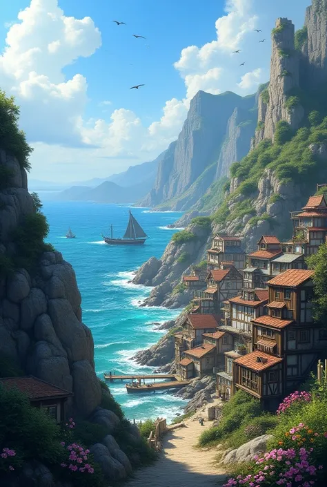 A small coastal town with rugged cliffs and vast ocean views