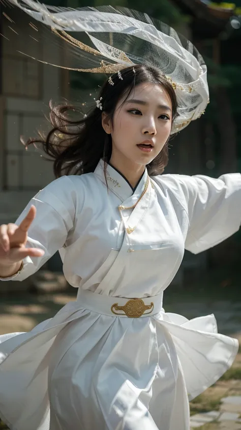 beautiful Korean woman, (((Mikamaria))), (motion blur:1.3), abnormally stunning beautiful face, black and white close-up,woman in intricate pure white hanbok dress, Flying in the air like a Chinese movie ,spinning frantically, translucent tingling air part...