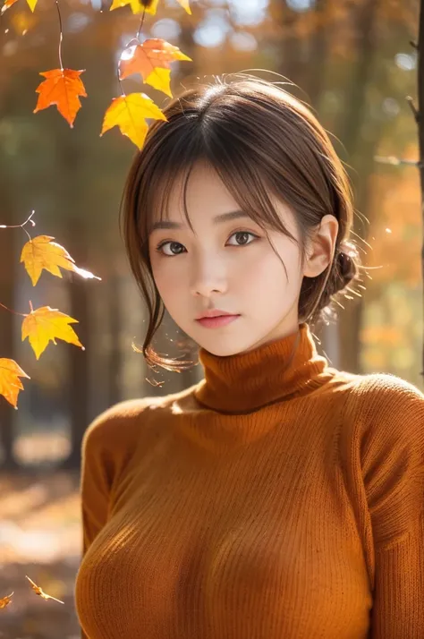 (8k, RAW photo, photorealistic, HQ, masterpiece), a cute Japanese woman, (glowing eyes), 
(), brown hair, (orange turtleneck wool sweater), large breasts, (A forest in late autumn with falling leaves:1.4), blurred background, depth of field, natural lighti...