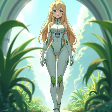 anime, female, young adult, in her early twenties, white form-fitting suit that covers the entire body except arms, futuristic, green lines, accentuated crotch, hourglass figure, sleeveless, Bare exposed arms, futuristic home, visible outlines of groin, lo...