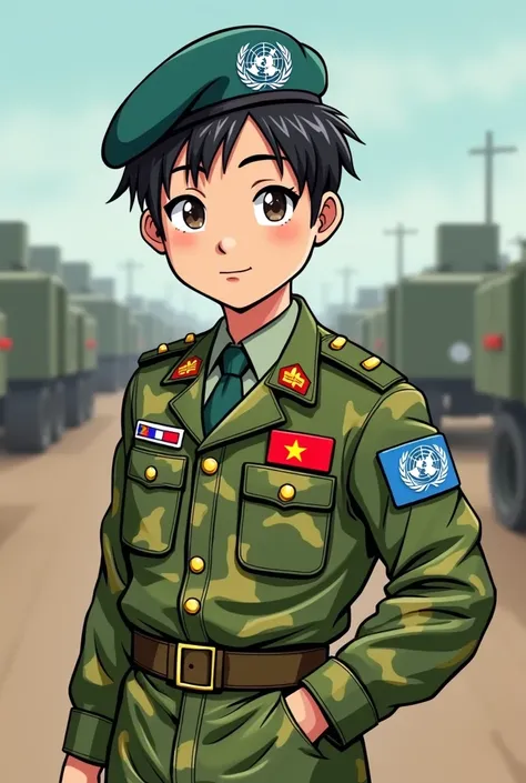 Create a cartoon manga style illustration of a United Nations peacekeeping soldier wearing a green and yellow camouflage military uniform with a belt and a beret. One side of their chest displays a small Vietnamese flag (red with a yellow star), while the ...