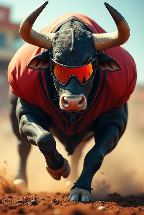 A bull with a los Toros Jersey on buff, a football helmet, speed flex with a colored visor