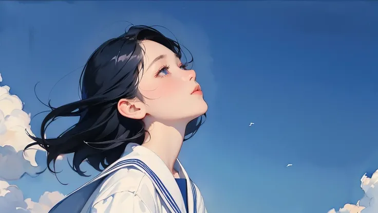  looking up at the sky。 1 girl、whole body、(detailed facial depiction、Side face like praying)、Short black hair、 white sailor uniform、 navy blue sailor color、uniform、skirt、プリーツskirt、School yard background、((  singer Sargent watercolor ))、 Impressionist Style...