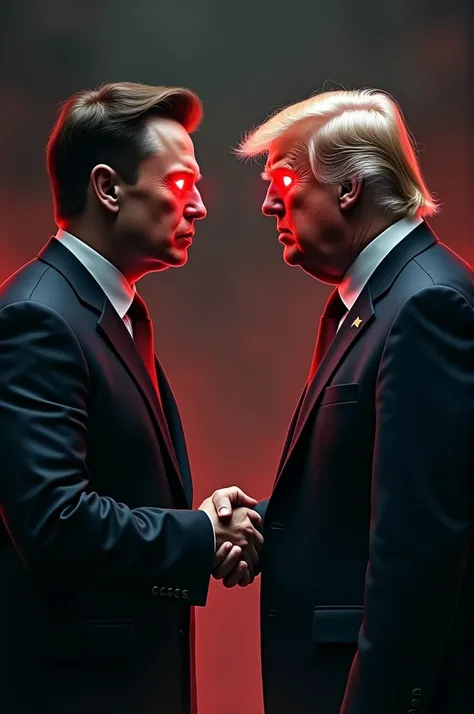 Elon Musk and Trump are shaking hands, both have red eyes