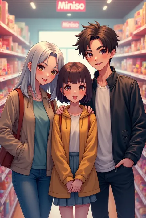 Three friends, the first friend is a tall girl with dyed silver hair, she is tall with plenty makeup, the second is a short girl with brown hair styled in a short haircut style,  the third is a male, who has black hair, a soft face, he is wearing  a leathe...