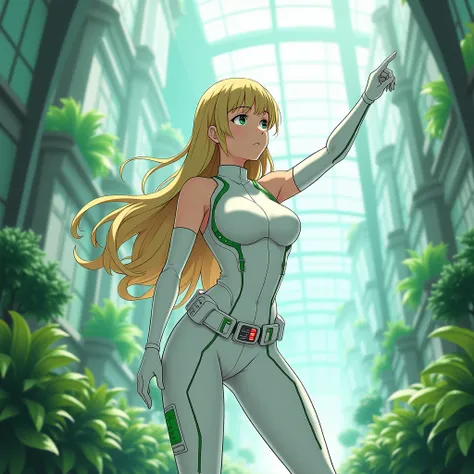 anime, female, young adult, in her early twenties, white form-fitting suit that covers the entire body except arms, futuristic, green lines, accentuated crotch, hourglass figure, sleeveless, Bare exposed arms, futuristic home, visible outlines of groin, lo...