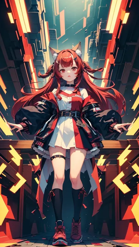 (masterpiece, high quality,  is the best quality,  Official Art , Aesthetic:1.2), 1 Girl, Red Hair, Cat ears, (Glitch Art), (Digital Distortion), pixelated fragments, Data corruption,Colored Noise, Visual confusion,Contemporary Aesthetics