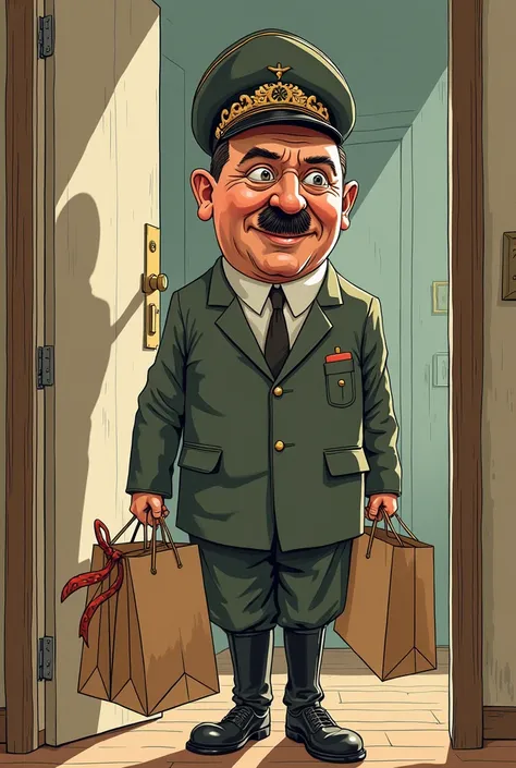  Draw Hitler as an exaggerated cartoon , with his military cap and with a ridiculously combed mustache and hair ,  entering his house with shopping bags in his hand .  The camera must focus on his smiling face and then zoom-out to show the domestic environ...