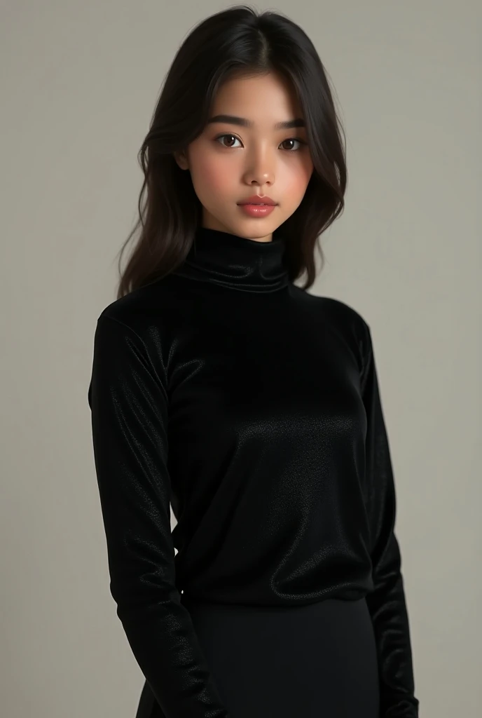 19 year indian cute girl muslim and wearing black shining t shirt pullover neck black and full sleeves  and black pant and white boots realistic
