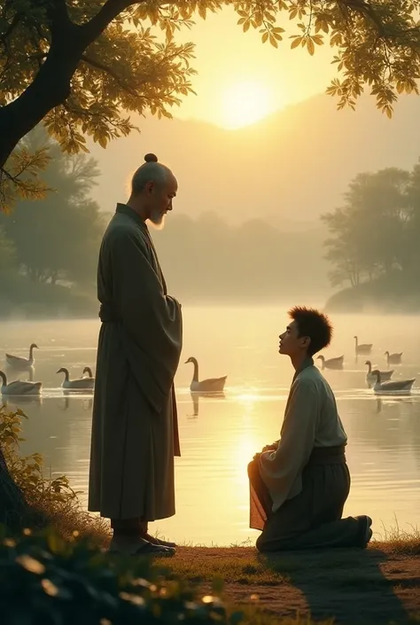 Beside a lake called geese lake, goose are playing water, stood a Chinese old man with black eyes in Chinese traditional robe. A young man about 20 years old in Chinese traditional robe is kneeling before the old man as if he is taking the old man as a mat...