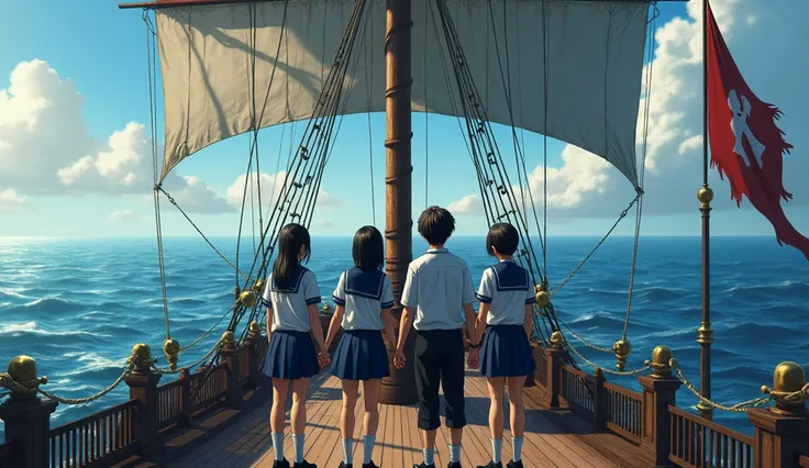 Two teenage boys and girls in school uniforms hold hands and gaze on a pirate ship