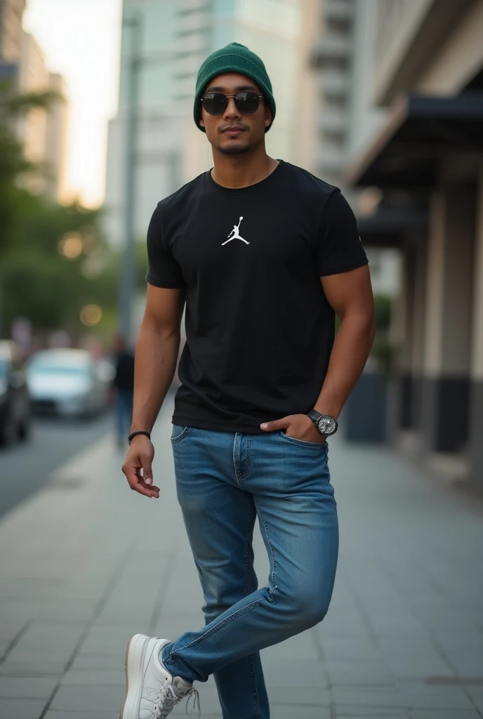 Instructions

Copy

Realistic photography. Professional model shooting. Young Indonesian man wearing green beanie and sunglasses looks handsome. and slightly athletic body Wearing black Jordan t-shirt with blue jeans. White Jordan shoes. Leaning in a cool ...