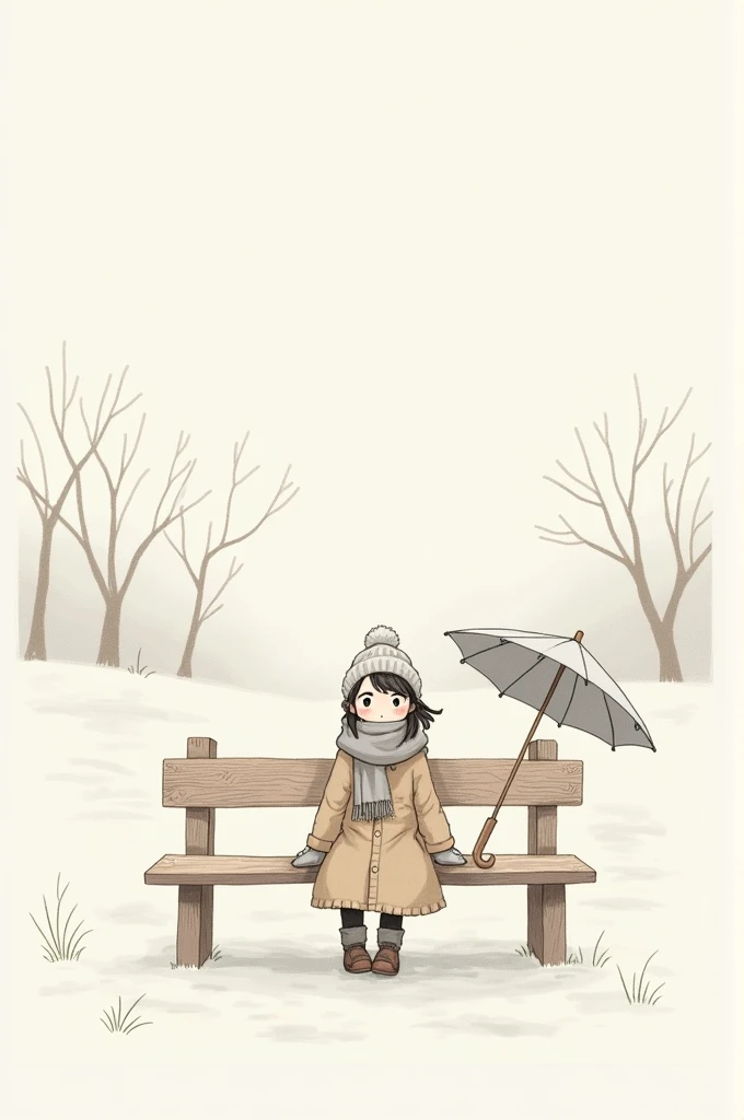 Easy drawing, girl setting in bench with umbrella, winter season, easy simple drawing 
