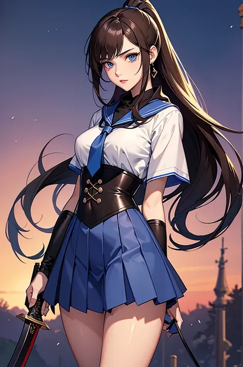 最High image quality, masterpiece, 4K, High image quality,  super high resolution,  of the prairie , CG drawing（ one cool adult seductive woman 、）Hair、Brown Hair、It has a glossy finish.。 Hairstyle、Long Hair、 straight、 high ponytail、（もThe sideburns are、It is...