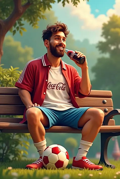 "Create an image of a football player who closely resembles Lionel Messi, casually sipping a bottle of Coca-Cola on a sunny day. He’s sitting on a bench in a vibrant park, wearing a relaxed casual outfit, with a football at his feet and a friendly smile on...