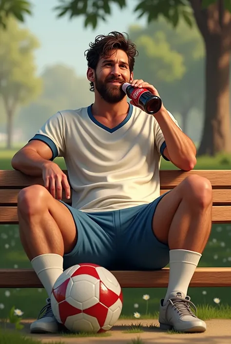 "Create an image of a football player who closely resembles Lionel Messi, casually sipping a bottle of Coca-Cola on a sunny day. He’s sitting on a bench in a vibrant park, wearing a relaxed casual outfit, with a football at his feet and a friendly smile on...