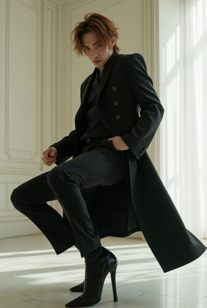 /Hizumi male visual kei singer 1.68 tall, with light brown hair with an arrogant, conceited, bitter, serious character, wearing an elegant and expensive luxury brand black suit, kneeling jumping and moving as if dancing sexily and while looking directly at...