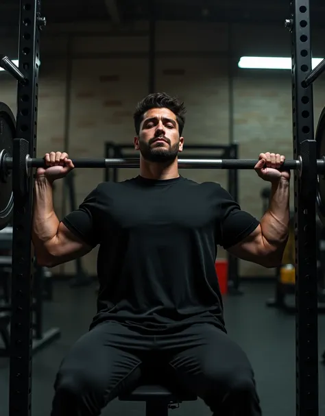 25-year-old man doing a flat bench press, wearing an oversized black T-shirt.

