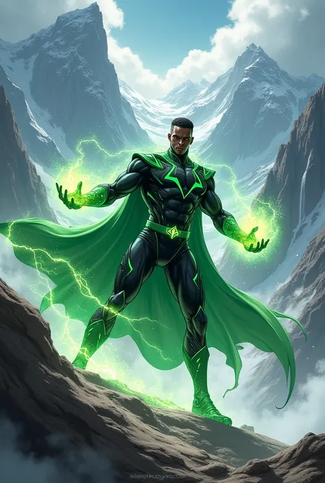 Black man with wind element powers with a cool green and black hero wizard type suit, in the mountains having a battle, anime style