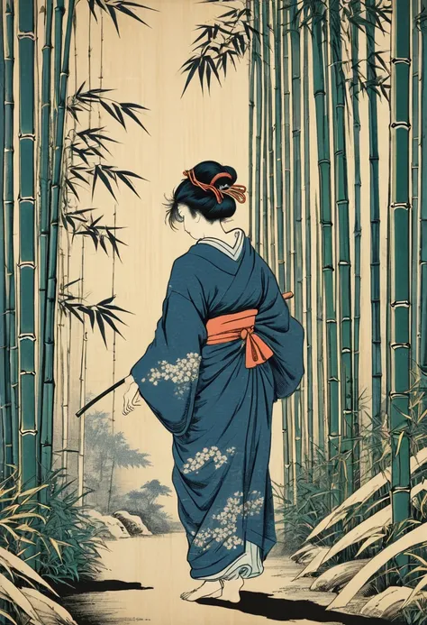 woodblock style art of a bamboo forest with a women in a kimono walking away and facing away, by Katsushika Hokusai, best quality, masterpiece, 8k, Representative work, official art, Professional, Ultra intricate detailed
