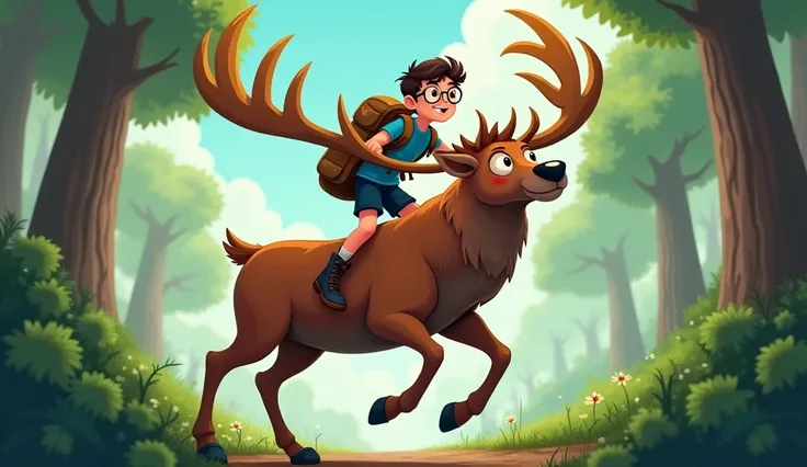  a cartoon  features wearing specs,navy colour shorts,blue t-shirt, boots and carrying trek bag is riding on  A cartoon magnificent muscular huge  enormous (five times bigger than boy) stag  with big sparkling eyes and antlers reaching high into the air   ...