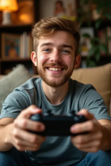 down syndrome blonde guy with beard and a joypad in his hands