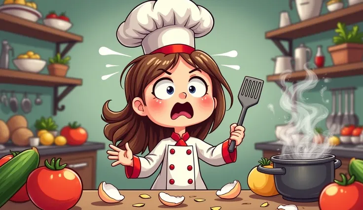 A beautiful cartoon of a beautiful cook ,Brown long hair, wearing a white and red chef costume , holding a spatula in the kitchen ，The look is panicked，At a loss，Very messy in the kitchen ，There is a boiling pot with the soup overflowing on the table in fr...