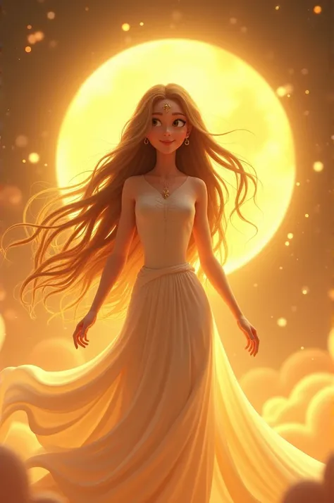  Generate in cinematic 3D cartoon style A goddess-like figure emerging from the golden light**, with long flowing hair and a serene smile, symbolizing Shailputri’s divine incarnation.