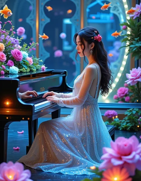 a vibrant photograph featuring a young Asian woman seated at a grand piano. She has long, wavy dark hair and a fair complexion. She is dressed in a sheer, ethereal gown made of translucent fabric adorned with iridescent sequins and beads, giving it a shimm...