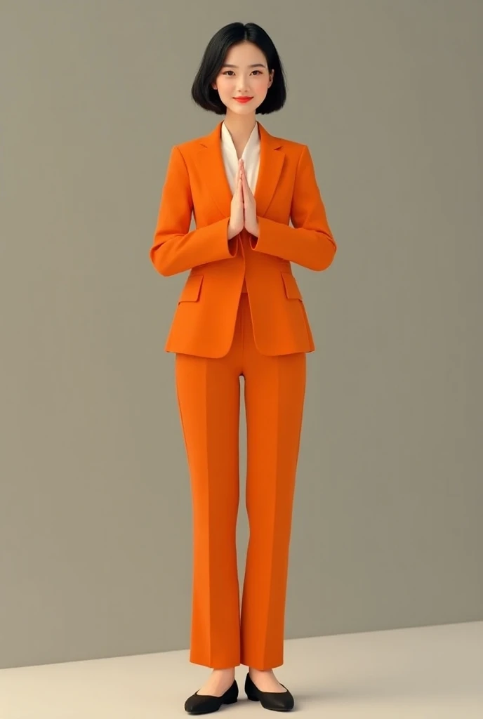 Indonesian woman wearing an orange blazer, orange pants, wearing black shoes, standing straight, professional, wearing black shoes and her legs visible all the way down, standing in a ready position, short neat hair , namaste pose , welcoming customer pose